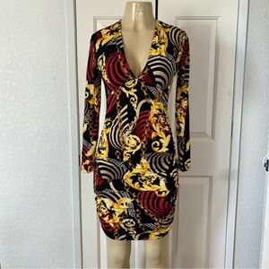 Small or Large Black Gold and Red Baroque Print V Neck Bodycon Ruched Dress